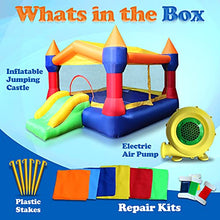 Load image into Gallery viewer, Inflatable Bounce House Castle Bouncer - Indoor/Outdoor Portable Jumping Bounce Castle w/ Mini Slide, Safety Net - Kids Castle Party Bounce House - Electric Air Pump, Carrying bag - SereneLife SLIB950
