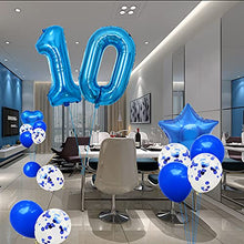 Load image into Gallery viewer, Yijunmca Blue 10 Number Balloons Kit Jumbo Number 10 32&quot; Helium Hanging Balloon Foil Mylar Confetti Latex Balloon for Boys Girls 10th Birthday Party Supplies 10 Anniversary Events Decoration
