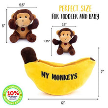 Load image into Gallery viewer, Talking Plush My Monkeys Toy Set | Includes 4 Talking Soft Fluffy Plush Monkeys with A Plush Banana Shaped Carrier | Great Gift for Baby and Toddler Boys or Girls
