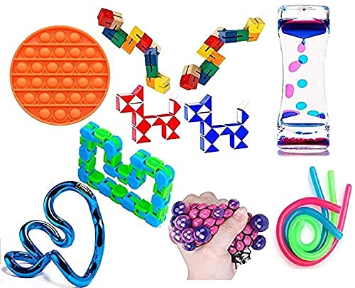 Set of 9 Fidget Stress Relievers Sensory Relaxation Anxiety Relief Fidget Pack with Tangle Jr. Metallic Twist Fidget Snake Cube, and More