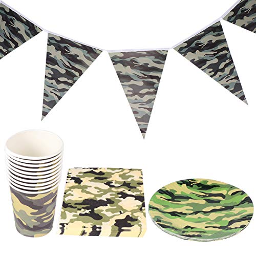 NUOBESTY 41 Pcs Camo Party Tableware Set Camouflage Birthday Party Supplies Disposable Napkin Paper Cup Paper Plate Banner Paper Tissue for Birthday Party Decoration