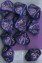 Load image into Gallery viewer, Chessex Dice Sets: Lustrous Purple with Gold - Ten Sided Die d10 Set (10)
