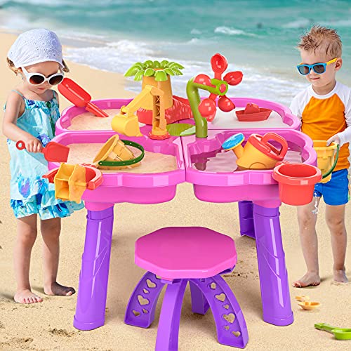 TEMI 4-in-1 Sand Water Table for Kids, 32PCS Beach Toys Toddler Activity Table Sandbox Toy Sensory Play Table Summer Outdoor Toys for Children Boys Girls (4 in 1 Sand Water Table)