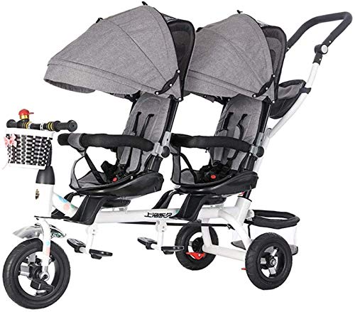 WALJX Four-in-one Twin Tricycle for Children, Two-Seater Pedal Bicycle, Stroller with Sunshade, Two-Way Rotating Seat/Removable Rear Push Handle/Retractable Pedals,Color:Purple (Color : Gray)