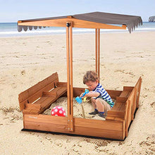 Load image into Gallery viewer, Kids Large Wooden Sandbox, Outdoor Sand Box Play w/ Canopy, 2 Foldable Bench Seats, Retractable Roof and Sand Protection - 47x47-Inch
