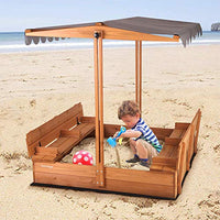 Kids Large Wooden Sandbox, Outdoor Sand Box Play w/ Canopy, 2 Foldable Bench Seats, Retractable Roof and Sand Protection - 47x47-Inch