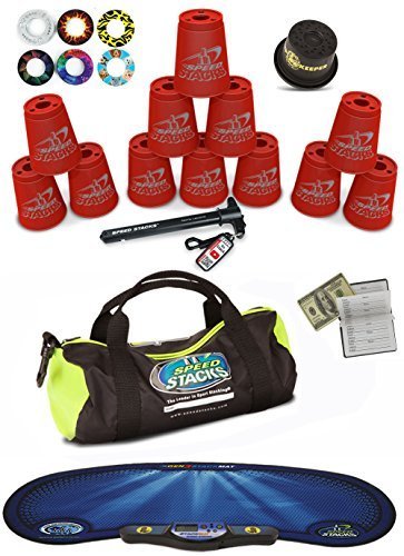 Speed Stacks Custom Combo Set The Works: 12 Really RED Cups, Cup Keeper, Quick Release Stem, Pro Timer, Gen3 Mat, 6 Snap Tops & Gear Bag & Free Bonus: Active Energy Power Balance Necklace $49 Value