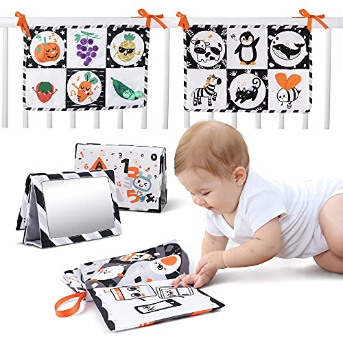 TUMAMA Baby Crib Black White Hanging Toy, Soft Cloth Shape Book, Crib Play Mats High Contrast Double Sides, Floor Mirror Books Letters Numbers Animals for Baby 0 3 6 9 12 Months