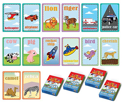 Educational Moving Things Flash Cards for Kids Bulk Set (4-Deck) - Pretty Favors Decor Decal Supply - Stocking Stuffers Gifts for Boys Girls Home Activities Poker Size Standard Decks