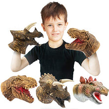 Load image into Gallery viewer, Yolococa Dinosaur Hand Puppets Realistic Latex Soft Animal Toys Set, Tyrannosaurus, Triceratops, Stegosaurus Hand Puppet Toys Gift for Kids, Party Imaginative Games, 3 Pack
