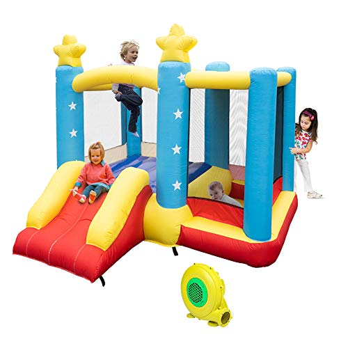 Miajin Inflatable Bounce House, 9x9 Feet Bounce House with Long Slide, Basketball Hoop and Sun Roof, Ages 3-10 Years (with Air Blower)