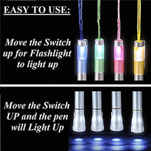 Load image into Gallery viewer, 5&quot; LED Light-Up Black Ink Pen With Necklace (PINK) Torch and Pen with String for Camping, Summer Camp, Hiking, Outdoor Activities, Emergency Survival Tool, Party Favor, Prizes and Incentives.
