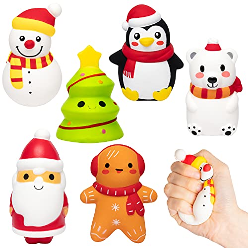 BeYumi 6 Packs Christmas Squeeze Slow Rising Toys, Santa Claus, Christmas Tree, Gingerbread, Snowman, Penguin, White Bear, Soft Scented Squeeze Decompression Stress Relief Toys for Kids Party Favor