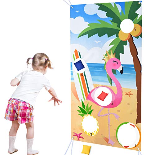 Flamingo Toss Game Banner with 3 Bean Bags - Hawaiian Luau Theme Bean Bag Game Sets Pool Party Games for Kids Party Favors Pink Tropical Party Supplies Outdoor Yard Game
