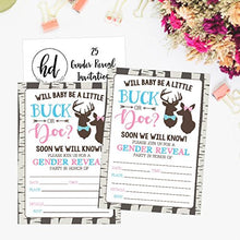 Load image into Gallery viewer, 25 Buck or Doe Deer Gender Reveal Baby Shower Party Invitation Cards, Pink Blue He She Personalized For Gender Neutral Unisex Invite Guess If It&#39;s a Boy or Girl Fill In The Blank Printable Invite Pack
