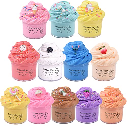 12 Pack Butter Slime Kit, with Unicorn, Cake Slime, Coffe, Stitch Slime, Ice Cream, Peachybbies Slime, Super Soft and Non-Sticky, Birthday Gifts, Stress Relief, Scented Slime Toy for Girls and Boys