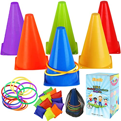 Eocolz 3 in 1 Carnival Games Set, Soft Plastic Cones Bean Bags Ring Toss Games for Kids Birthday Party Outdoor Games Supplies Combo Set