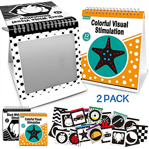 teytoy 2 Packs Tummy Time Mirror with Baby Black and White Book Boys Girls, High Contrast Flash Card Baby Toys, Baby First Year Gifts for Newborn Infant Toddler Kids 0 3 6 9 12 Months