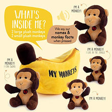 Load image into Gallery viewer, Talking Plush My Monkeys Toy Set | Includes 4 Talking Soft Fluffy Plush Monkeys with A Plush Banana Shaped Carrier | Great Gift for Baby and Toddler Boys or Girls
