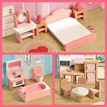 Load image into Gallery viewer, FUN LITTLE TOYS 4 Set Wooden Doll House Furniture, 22 PCs of Dollhouse Accessories, Pink Wooden Toys, Stocking Stuffers for Kids
