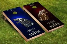 Load image into Gallery viewer, DaVinci Wrap Masters Personalized &#39;House of Stark Laminated Vinyl Corn Hole Board Decals.
