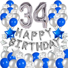 Load image into Gallery viewer, &quot;Blue and Silver 34th Birthday Party Decorations Set- Silver Happy Birthday Banner,Foil Number Balloons, Latex Balloons and More for 34 Years Old Brithday Party Supplies&quot;
