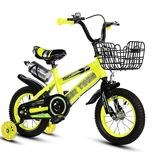 LIUXR Children's Bicycle, Boys Girls Bicycle 12/14/16/18 Inch with Training Wheels, with Kickstand & Water Bottle Child's Bike,Yellow_12inch