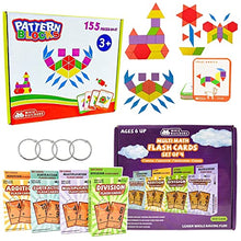 Load image into Gallery viewer, Wooden Pattern Block Puzzle Set &amp; Math Flash Cards Set Bundle for Kids - Educational Learning Kindergarten Homeschool Suppliers - Games Activities for Toddlers Boys Girls
