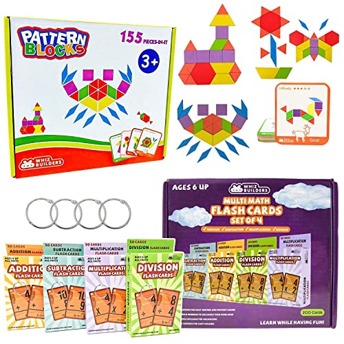 Wooden Pattern Block Puzzle Set & Math Flash Cards Set Bundle for Kids - Educational Learning Kindergarten Homeschool Suppliers - Games Activities for Toddlers Boys Girls