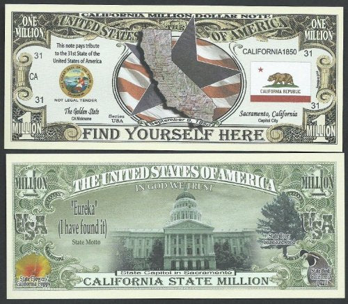 California State Educational Million Dollar Bill W Map, Seal, Flag, Capitol - Lot of 100 Bills