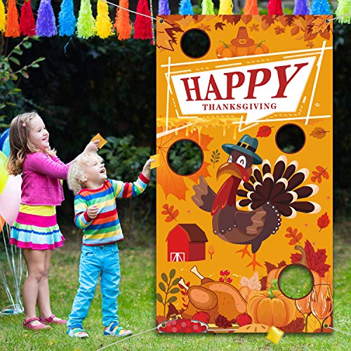 Cloria Thanksgiving Games, Thanksgiving Bean Bag Toss Games for Kids Family Adults, Fall Thanksgiving Party Supplies Activities, Turkey Hanging Toss Game Banner Decorations