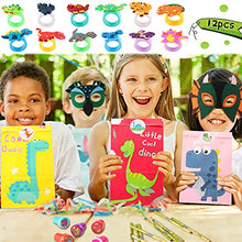 Load image into Gallery viewer, 144 Pieces Dinosaur Party Favors Set Dinosaur Birthday Party Supplies Dinosaur Party Bags Felt Dinosaur Masks Dinosaur Slap Bracelet Dinosaur Pencil Dinosaur Eraser Dino Desk Pets for Birthday Party
