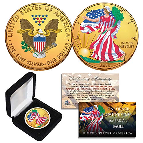 Combo 24K Gold Gilded/Color 2019 American Silver Eagle 1 Oz .999 Coin w/Box