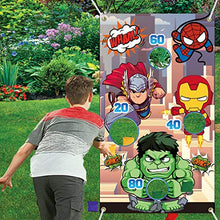 Load image into Gallery viewer, Superhero Themed Toss Games Banner with 6 Bean Bags-Fun Superhero Indoor Outdoor Throwing Game Party Supplies for Kids in Family Games,Superhero Themed Party,Carnival Games (Blue)
