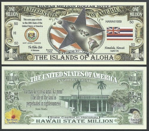 Hawaii State Educational Million Dollar Bill W Map, Seal, Flag, Capitol - Lot of 100 Bills