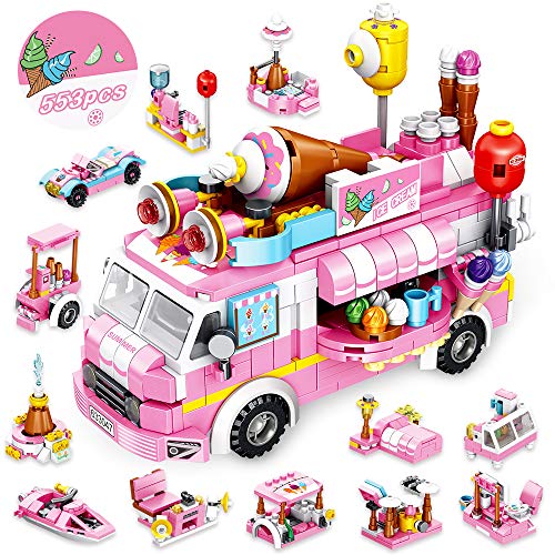 Vatos Girls Building Blocks Toys - 553 Pieces Ice Cream Truck Set Toys for Girls 25 Models Pink Building Bricks Toys STEM Toys Valentines Day Gifts for Kids Girls Age 6-12 and Up