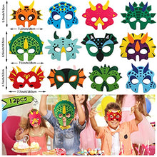 Load image into Gallery viewer, 144 Pieces Dinosaur Party Favors Set Dinosaur Birthday Party Supplies Dinosaur Party Bags Felt Dinosaur Masks Dinosaur Slap Bracelet Dinosaur Pencil Dinosaur Eraser Dino Desk Pets for Birthday Party
