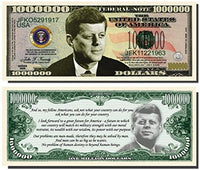 5 John F. Kennedy Million Dollar Bills with Bonus Thanks a Million Gift Card Set