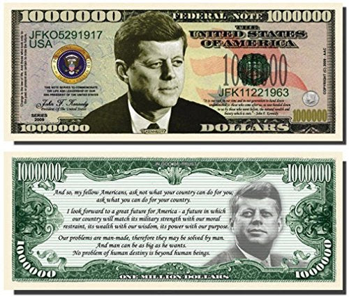 10 John F. Kennedy Million Dollar Bills with Bonus Thanks a Million Gift Card Set
