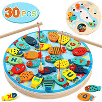 Lewo 30 PCS Magnetic Fishing Game Toddler Wooden Toys Preschool Alphabet Fish Board Games for 2 3 4 Year Old Girls Boys Kids Birthday Learning Education Math Toys with Magnet Poles