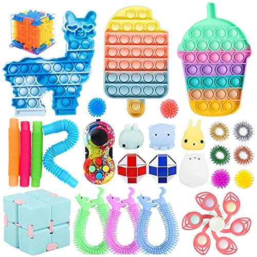 Fidget Toys 28 Packs,Alpaca Silicone Stress Toys,Cheap Sensory Toys Fidget for Kids Adults Relieves Stress and Anxiety Fidget Toy Squeeze Toy for Birthday Party Gift (Blue)