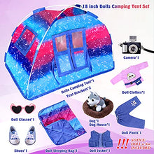Load image into Gallery viewer, WONDOLL [Improved Version 18-inch-Doll-Clothes and Camping-Tent-Set Doll Accessories - Including Doll Tent Sleeping Bag, Clothes Shoes, Camera Eye Glasses, Toy Dog &amp; Doghouse Doll Furniture

