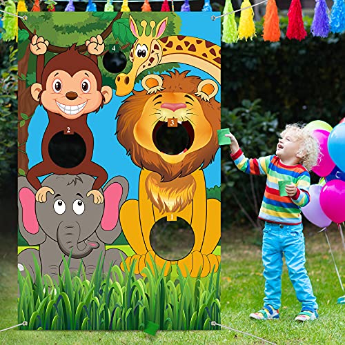Safari Animals Toss Games Banner with Bean Bags Jungle Wild Animals Backdrop Zoo Animals Photo Background Funny Animals Toss Game for Kids Birthday Party Supplies