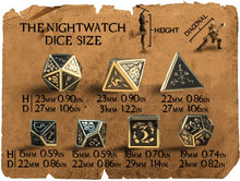 Load image into Gallery viewer, Fantasydice Nightwatch Large Gold Metal Dice Set 4X D6 Polyhedral Dice with Metal Box for Dungeons and Dragons (D&amp;D, DND 5 Edition) Call of Cthulhu Warhammer Shadowrun and All Tabletop RPG
