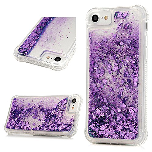 Tom's Village Clear Glitter Liquid Cover Quicksand Case for iPhone 7/8 Bling Shiny Sparkling Moving Flowing Sequins Hearts Shockproof Drop Resistant Flexible Soft TPU Bumper Slim Protector Purple