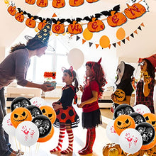 Load image into Gallery viewer, 48Pcs Halloween Balloons Party Decorations, Including 1Pcs Happy Halloween Pumpkin Banner 21Pcs Cupcake Topper 24Pcs Halloween Balloons 2 Rolls Ribbon for Halloween Bar Garden Party Decor
