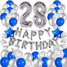 Load image into Gallery viewer, &quot;Blue and Silver 28th Birthday Party Decorations Set- Silver Happy Birthday Banner,Foil Number Balloons, Latex Balloons and More for 28 Years Old Brithday Party Supplies&quot;
