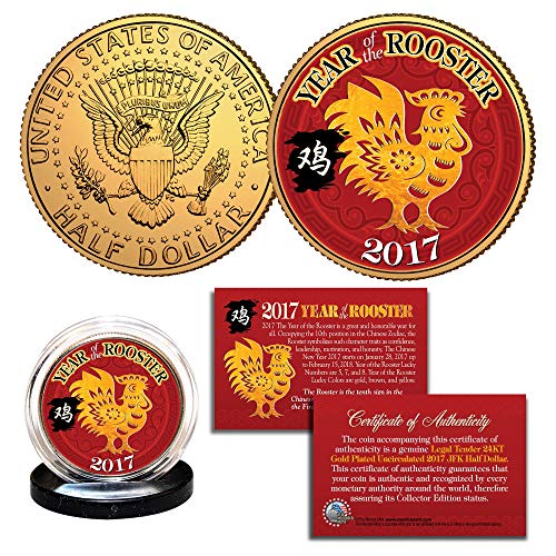 2017 Chinese CNY New Year of The Rooster 24K Gold Plated JFK Half Dollar Coin