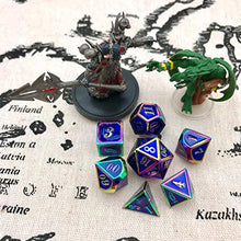 Load image into Gallery viewer, KCO DND Metal Dice Set Enamel dice 7 Pieces Metal Dice Set DND Dice Role Playing Game Dice Set with Storage Bag for RPG Dungeons and Dragons D&amp;D Math Teaching (Blue Rainbow)
