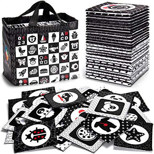 teytoy Black and White Baby Sensory Toys High Contrast Cards Cloth Fabric Soft Cards for Newborn 0-6 Months Visual Stimulation Early Development with Animals Fruit Number Shape Letter, 26 Pcs